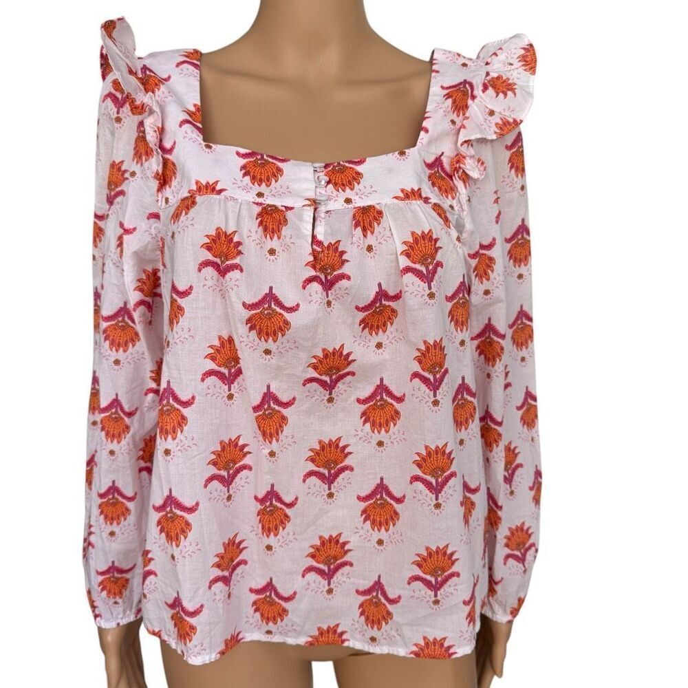 J. Crew Factory Women's Square Neck Ruffle Top Long Sleeves 100% Cotton Size M